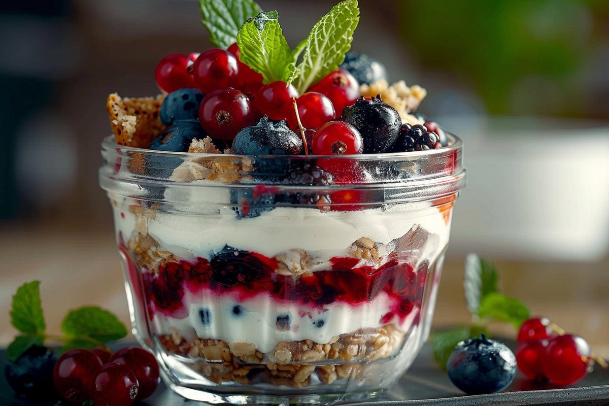Layered Yogurt and Berry Parfait with Red Currants Blueberries and Fresh Mint
