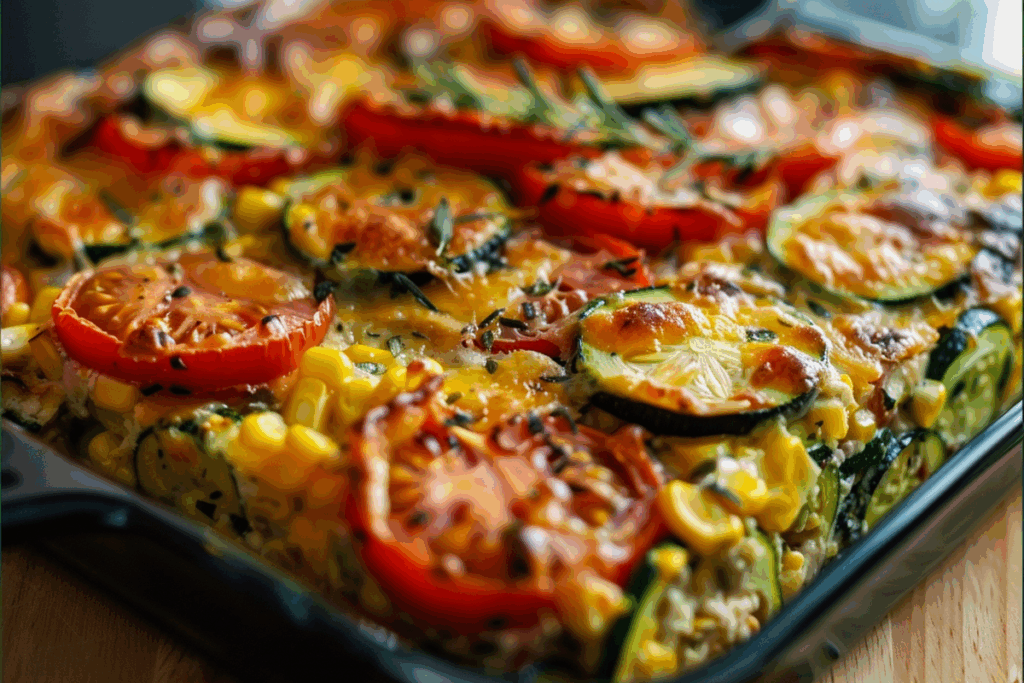 Cheesy Zucchini Corn Tomato Bake