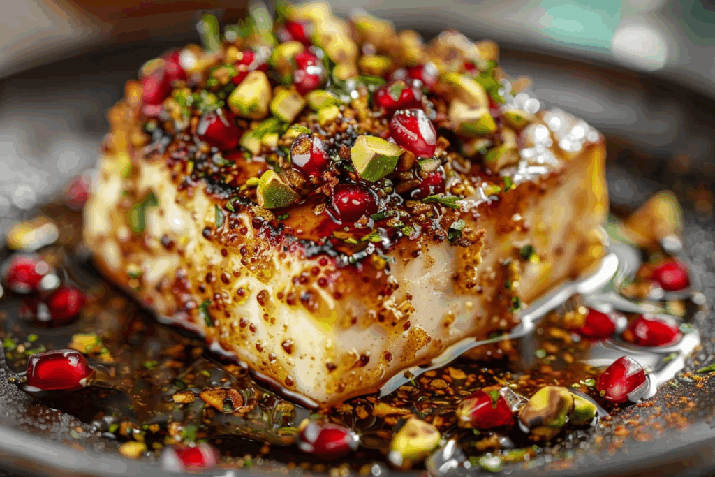 Spicy Honey-Crusted Feta with Pistachio and Pomegranate Sparkle
