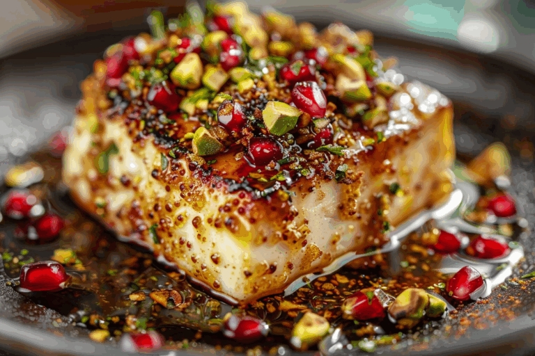 Spicy Honey-Crusted Feta with Pistachio and Pomegranate Sparkle