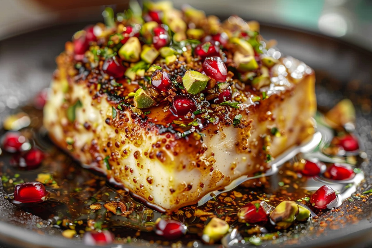 Spicy Honey-Crusted Feta with Pistachio and Pomegranate Sparkle