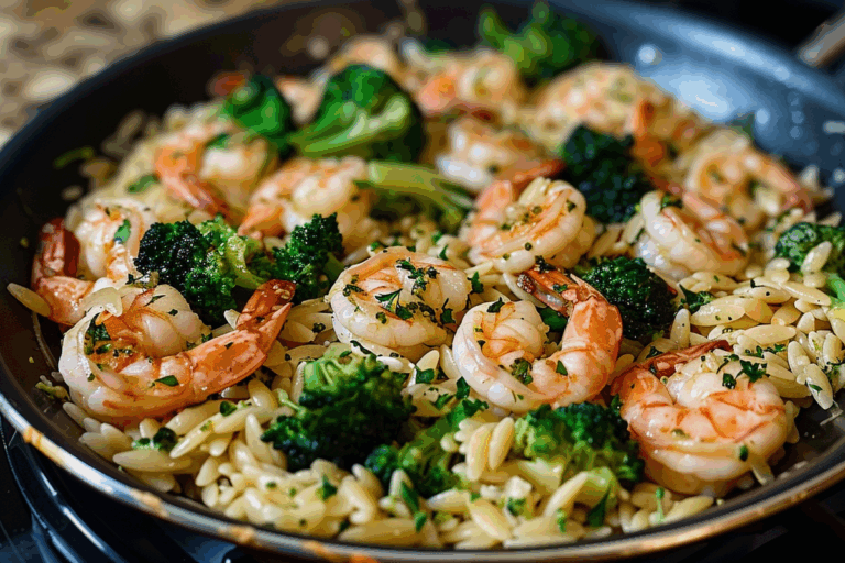 Garlic Shrimp and Broccoli Orzo Skillet