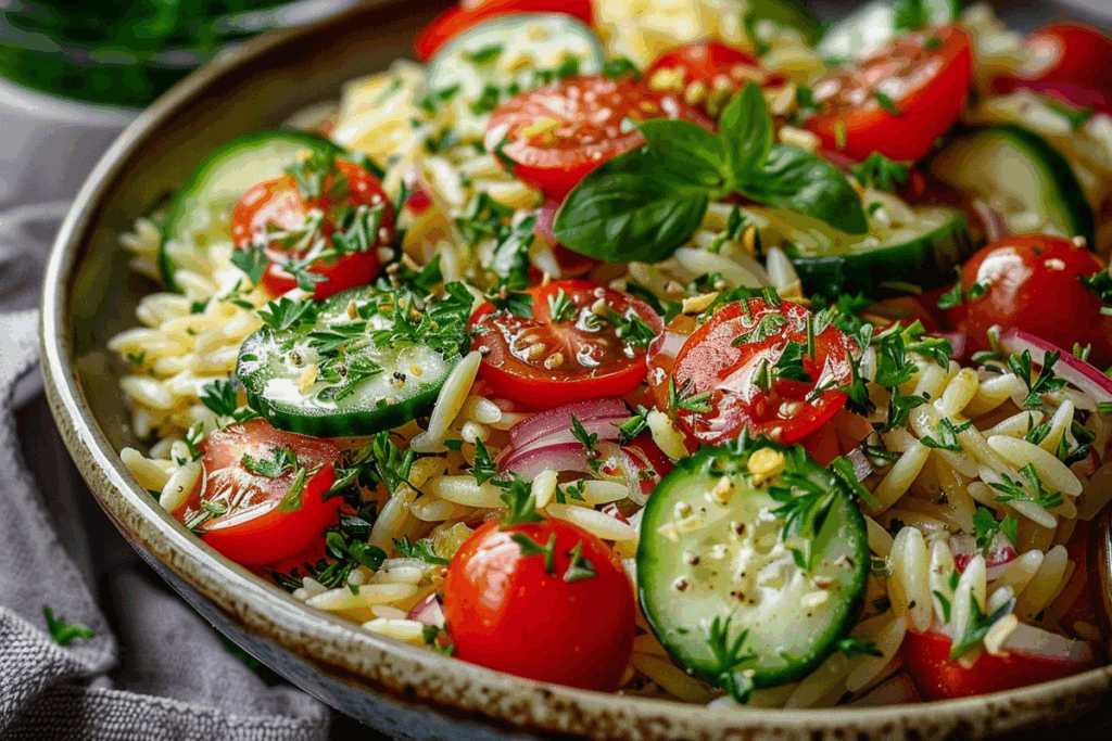 Orzo Salad with Lemon Vinaigrette Cucumbers & Cherry Tomatoes