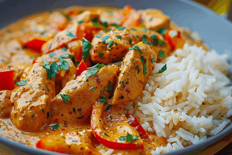Smoky Creamy Paprika Chicken with Sweet Peppers and Steamed Rice