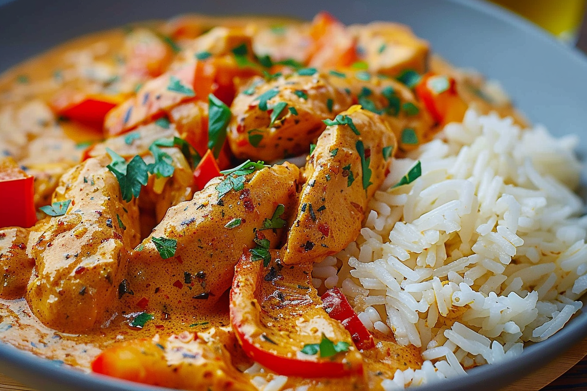 Smoky Creamy Paprika Chicken with Sweet Peppers and Steamed Rice