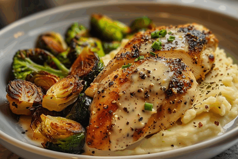 Creamy Pepper Chicken with Roasted Brussels & Mashed Potatoes