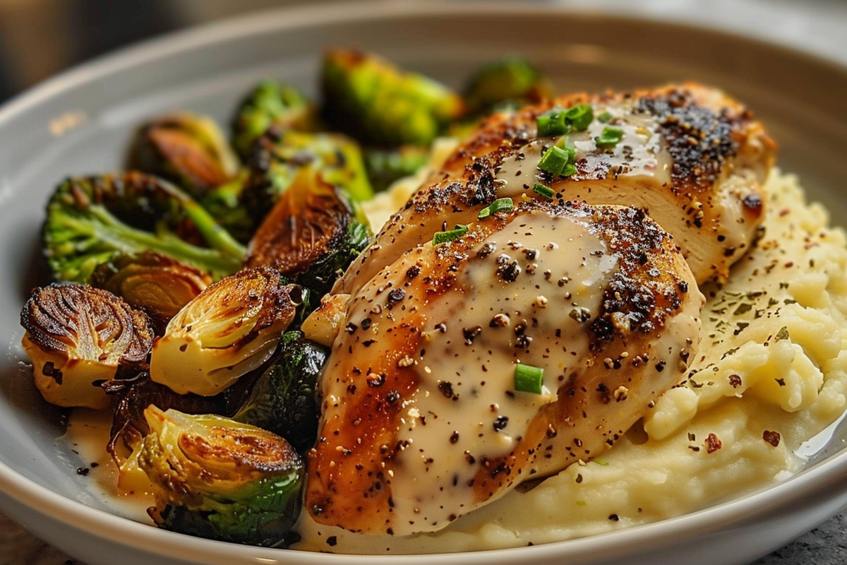 Creamy Pepper Chicken with Roasted Brussels & Mashed Potatoes