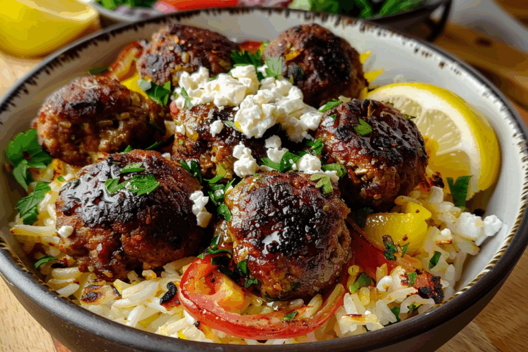 Greek Meatball Bowls with Lemon Rice and Feta Crumble
