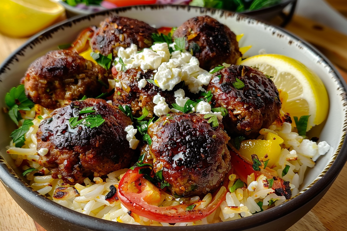 Greek Meatball Bowls with Lemon Rice and Feta Crumble