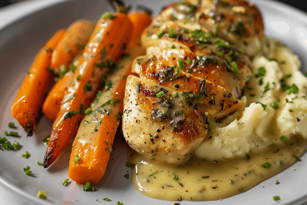 Heavenly Mustard-Cream Chicken with Fluffy Mash & Sweet Glazed Carrots