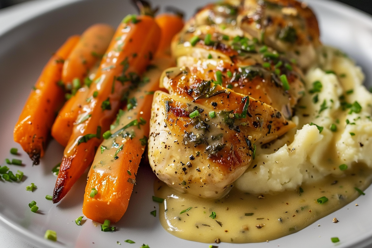 Heavenly Mustard-Cream Chicken with Fluffy Mash & Sweet Glazed Carrots