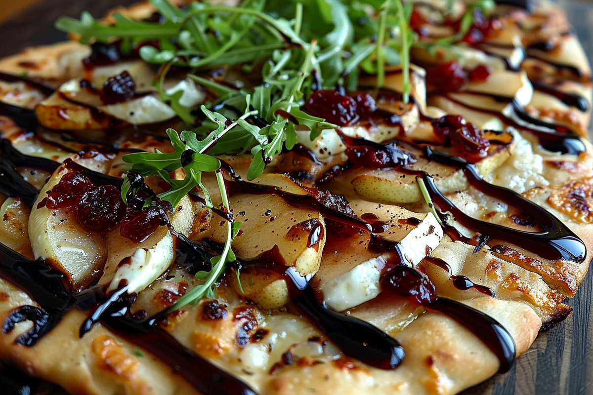 Pear Brie and Cranberry Flatbread with Fig Jam and Balsamic Glaze