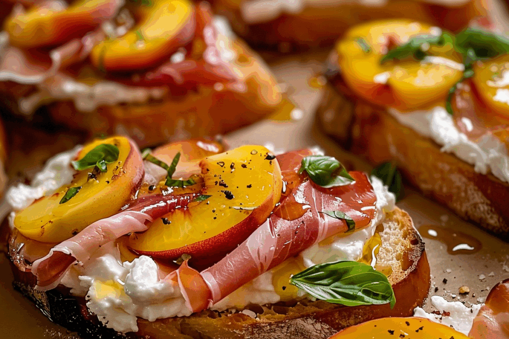 Cheesy Burrata Crostini with Prosciutto and Peaches