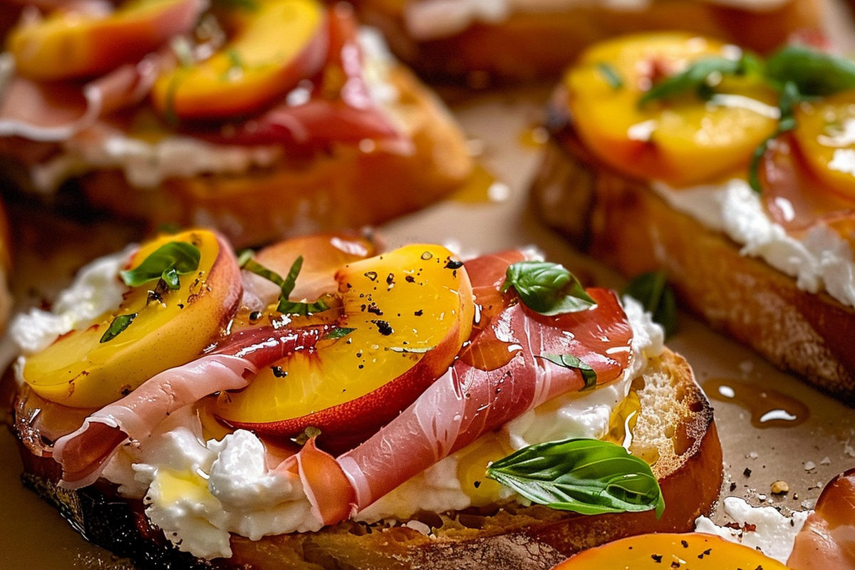 Cheesy Burrata Crostini with Prosciutto and Peaches