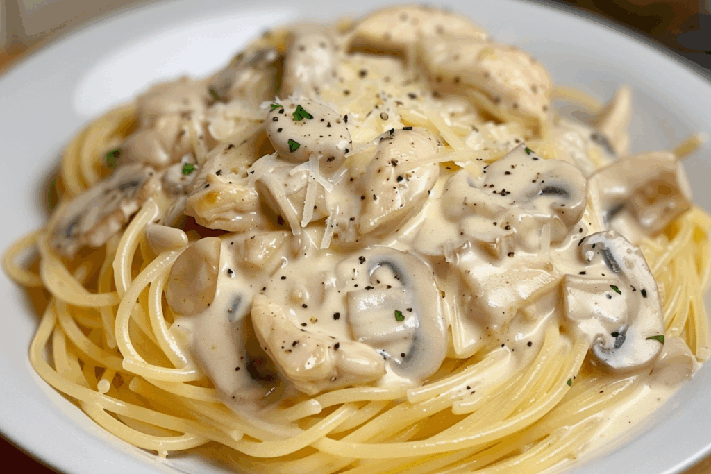 Garlic-Parmesan Chicken and Mushroom Spaghetti in Cream Sauce