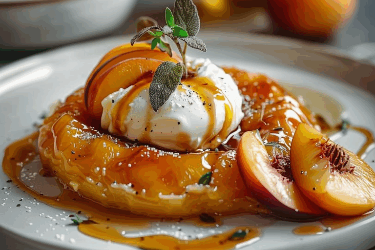 Upside-Down Tatin Reimagined with Burrata & Caramel Peaches