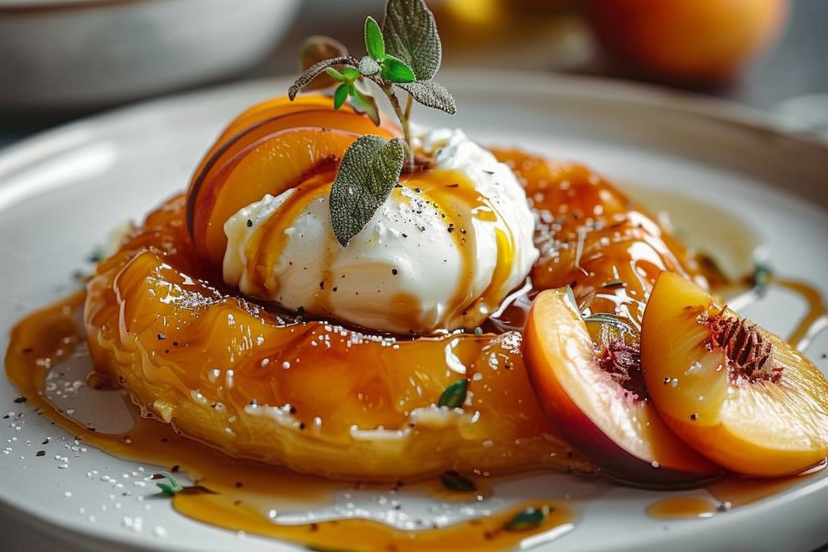 Upside-Down Tatin Reimagined with Burrata & Caramel Peaches