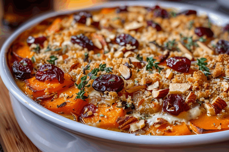 Sweet Potato & Ricotta Bake with Cranberries and Herbed Almond Crumble