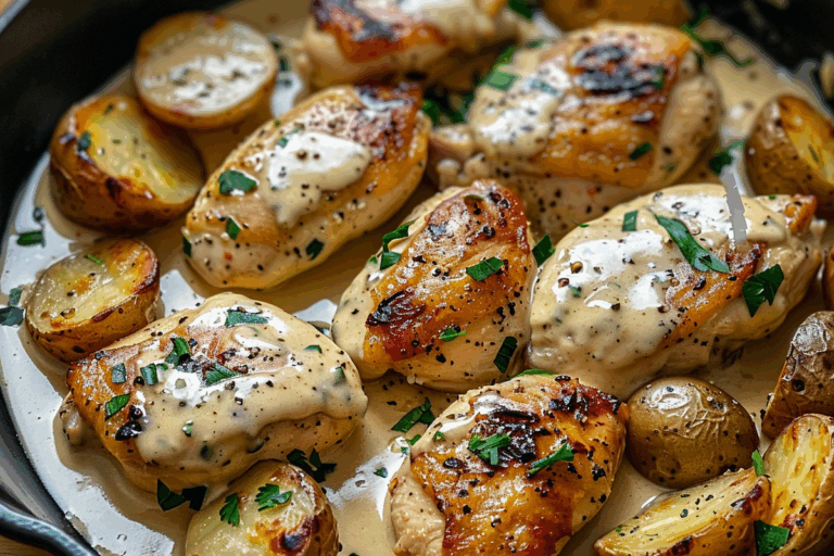 Golden Pan-Seared Chicken in Creamy Garlic Sauce with Crispy Baby Potatoes