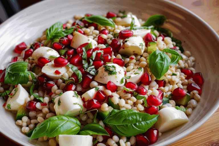 Mozzarella and Pomegranate Barley Salad with Basil-Lemon Dressing