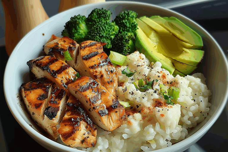 Ultimate Grilled Chicken Power Bowl with Rice Mash Broccoli & Avocado