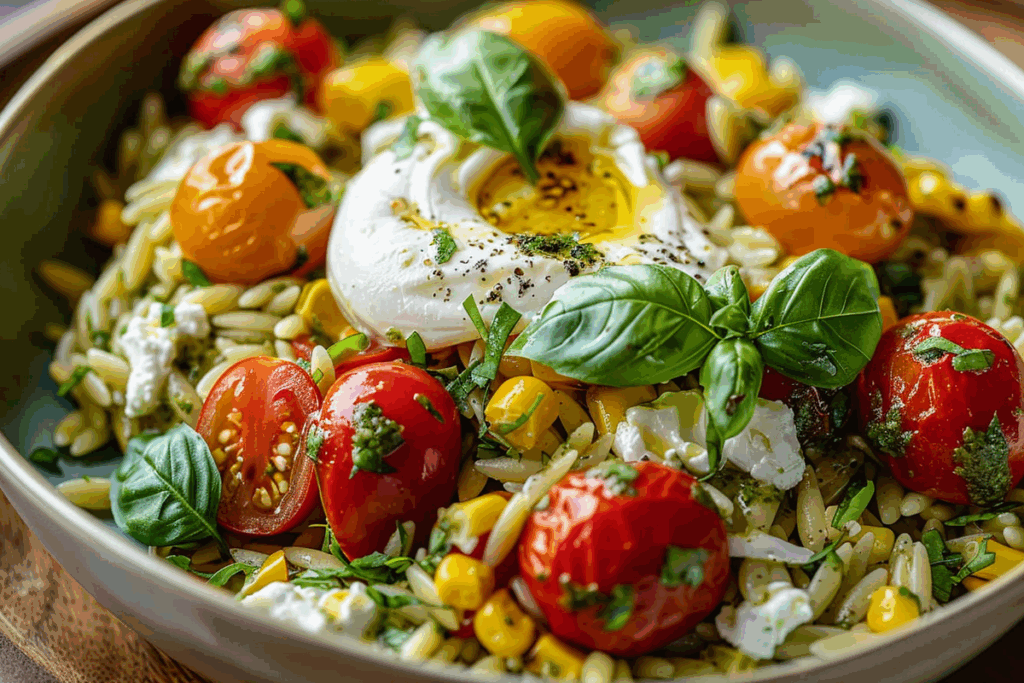 Pesto Orzo with Roasted Corn Cherry Tomatoes & Burrata