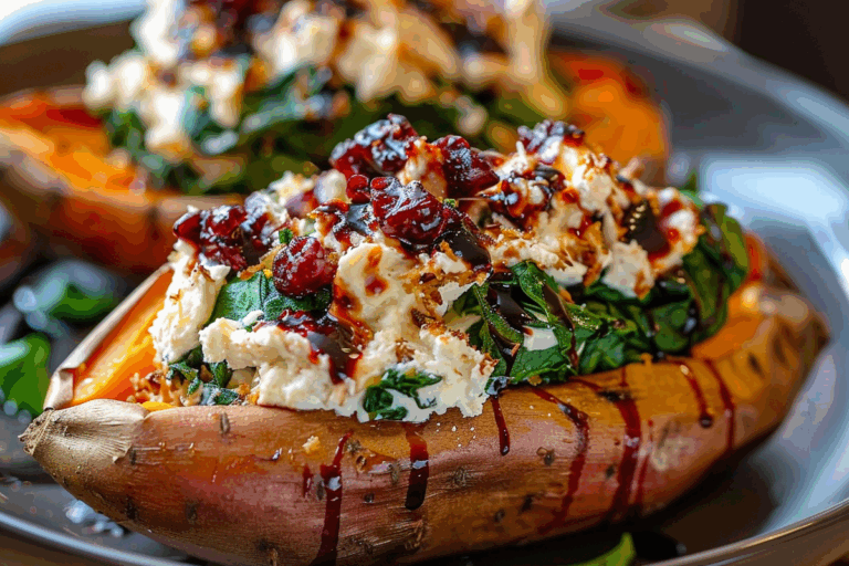 Creamy Ricotta & Spinach Stuffed Sweet Potatoes with Balsamic Cranberry Glaze