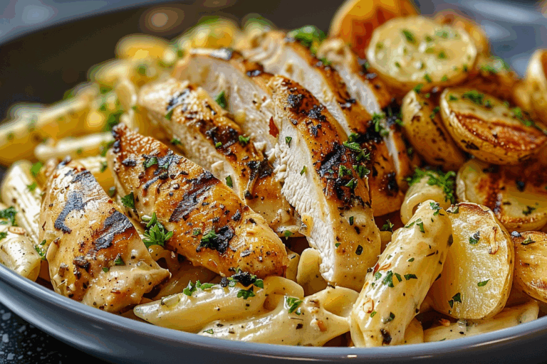 Heavenly Garlic-Parmesan Penne with Charred Chicken and Crispy Herb Potatoes