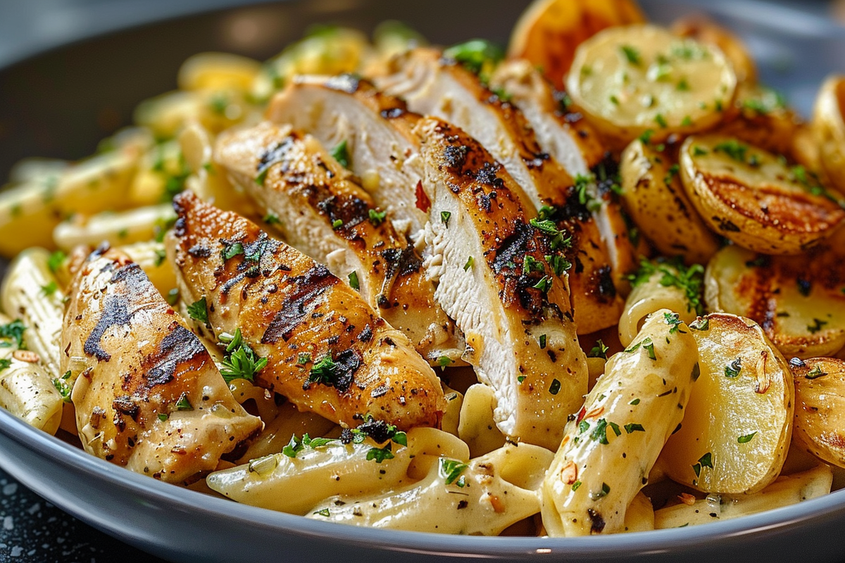 Heavenly Garlic-Parmesan Penne with Charred Chicken and Crispy Herb Potatoes