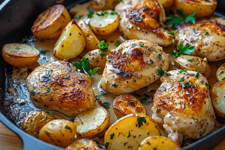 Creamy Garlic Chicken with Roasted Baby Potatoes