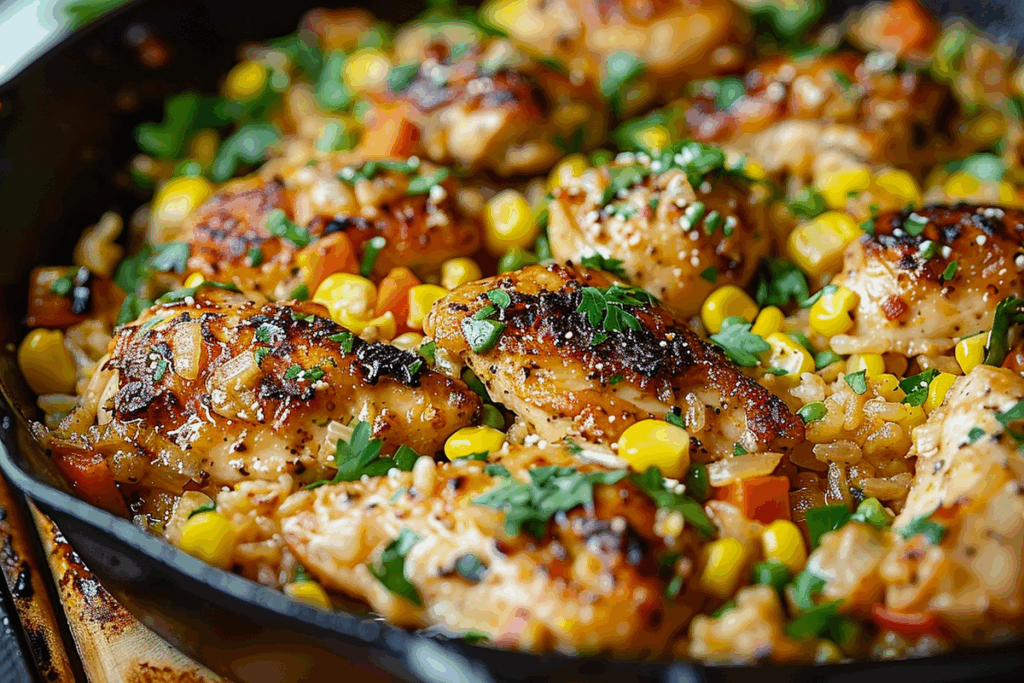 Chicken and Corn Skillet with Garlic Parmesan Rice