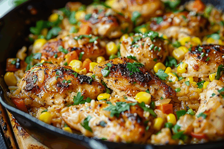Chicken and Corn Skillet with Garlic Parmesan Rice