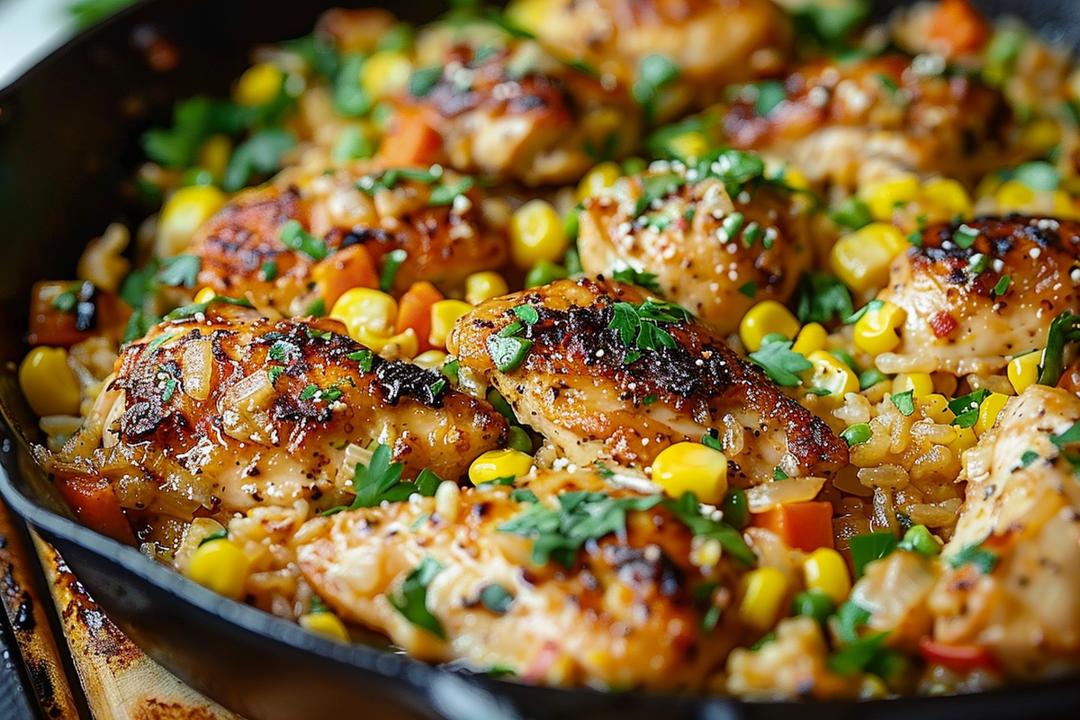 Chicken and Corn Skillet with Garlic Parmesan Rice