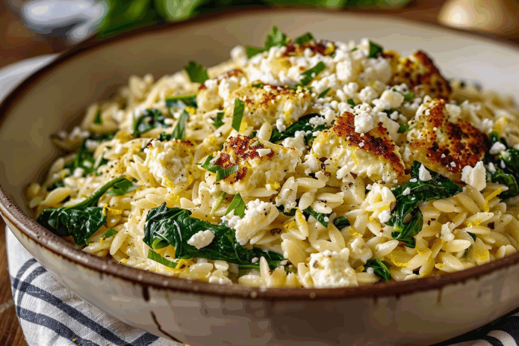 Creamy Lemon Garlic Orzo with Spinach & Feta Crumble