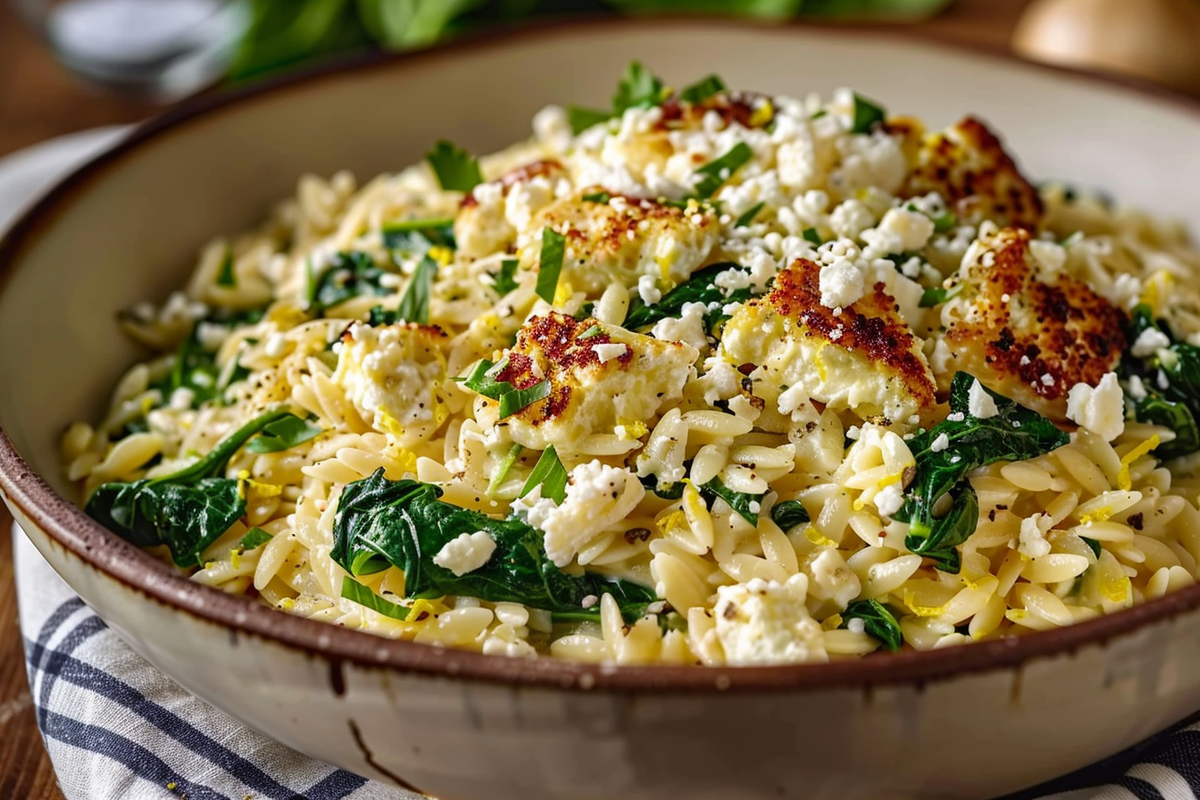 Creamy Lemon Garlic Orzo with Spinach & Feta Crumble
