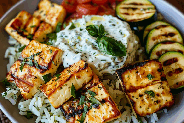 Grilled Halloumi Feast with Herby Rice Zucchini & Fresh Yogurt Sauce