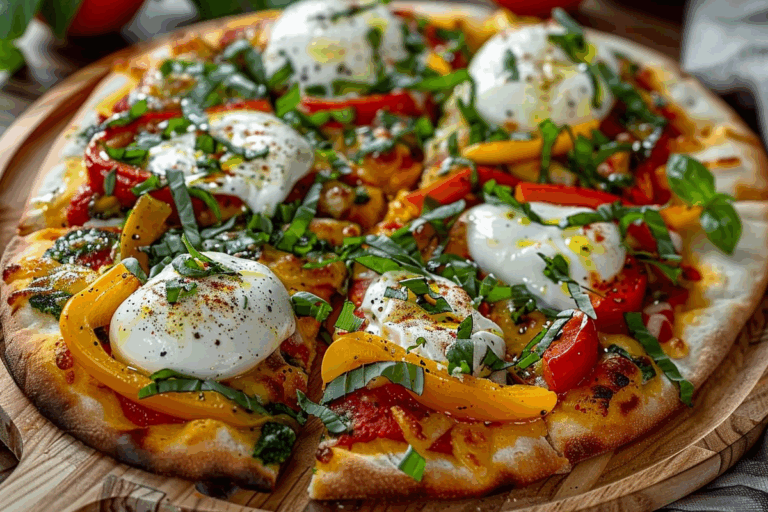 Flatbread Pizza with Burrata Basil & Roasted Peppers