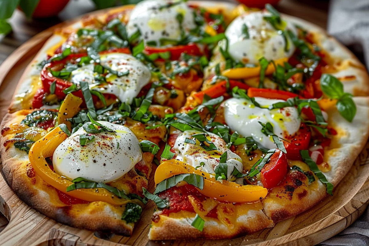 Flatbread Pizza with Burrata Basil & Roasted Peppers