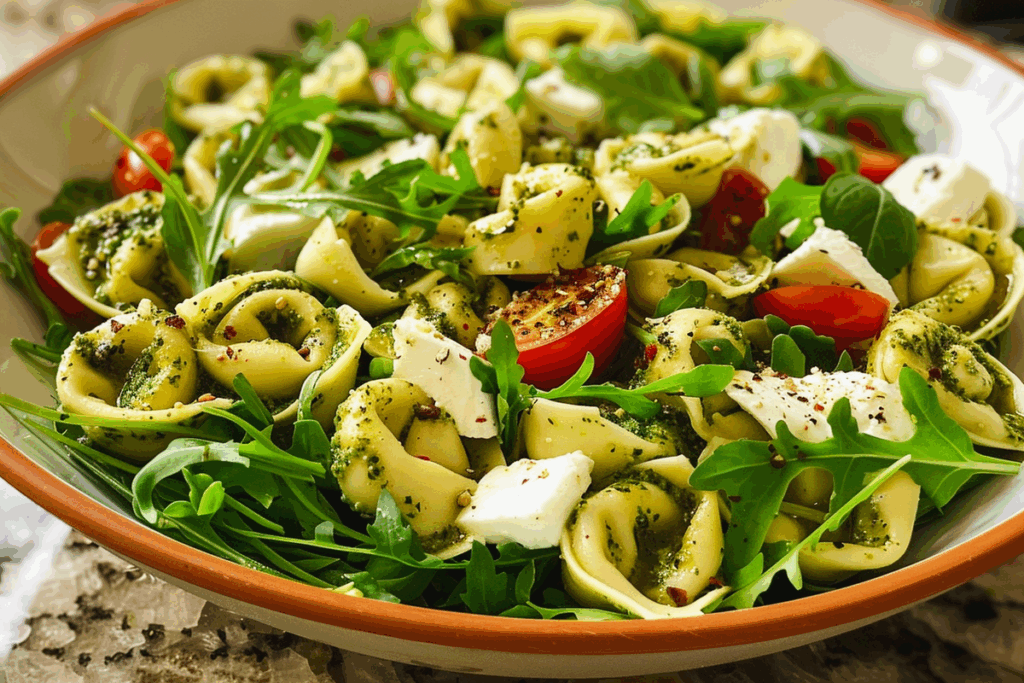 Pesto Tortellini Salad with Mozzarella and Arugula