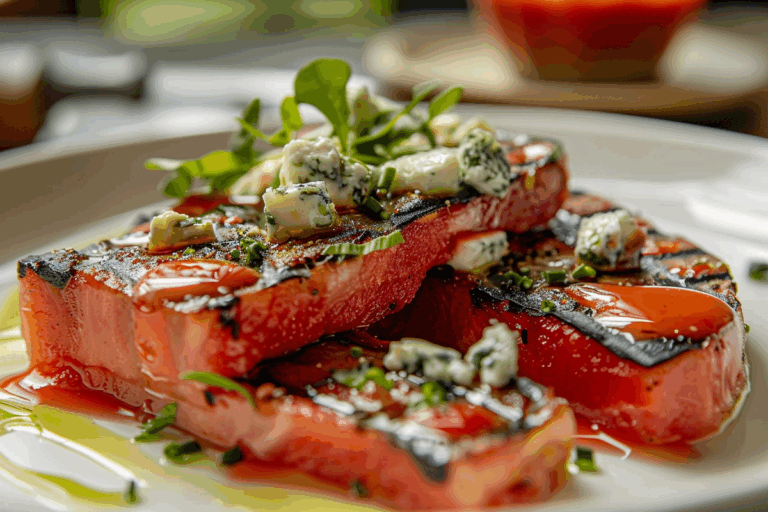 Swicy Grilled Watermelon Steak with Blue Cheese Fondue