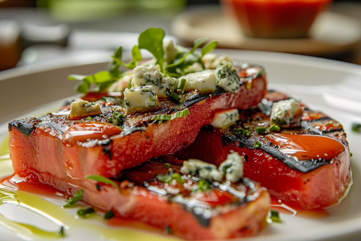 Swicy Grilled Watermelon Steak with Blue Cheese Fondue