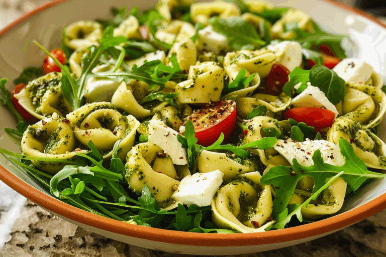 Pesto Tortellini Salad with Mozzarella and Arugula