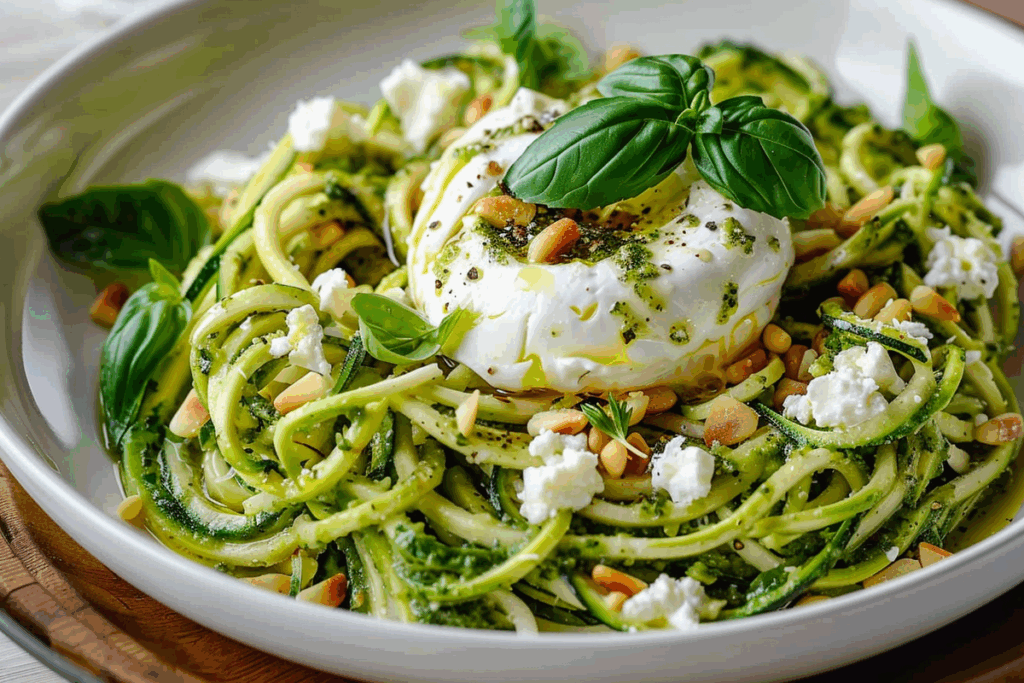 Zucchini Noodles with Lemon Pesto Burrata & Pine Nuts