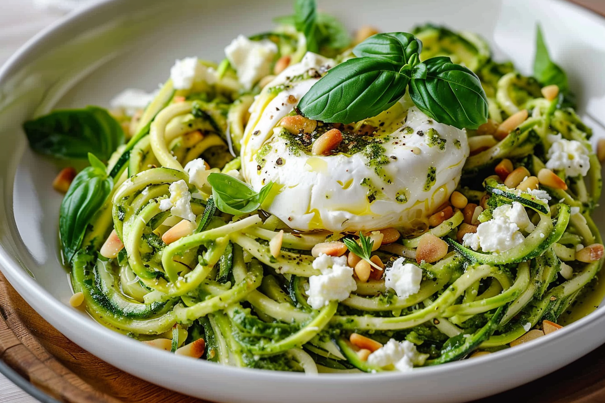 Zucchini Noodles with Lemon Pesto Burrata & Pine Nuts