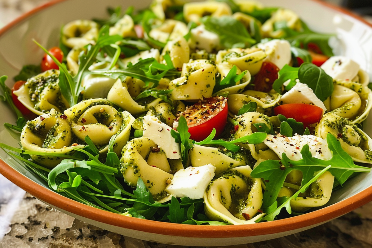 Pesto Tortellini Salad with Mozzarella and Arugula