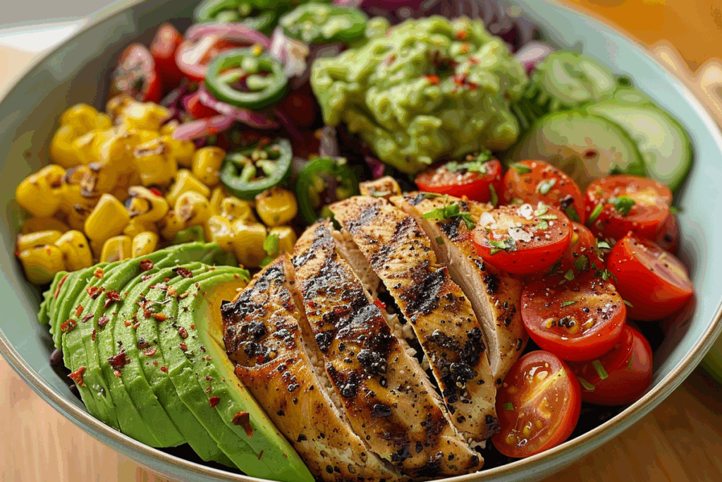 Next-Level Fresh Grilled Chicken & Veggie Power Bowl with Guacamole