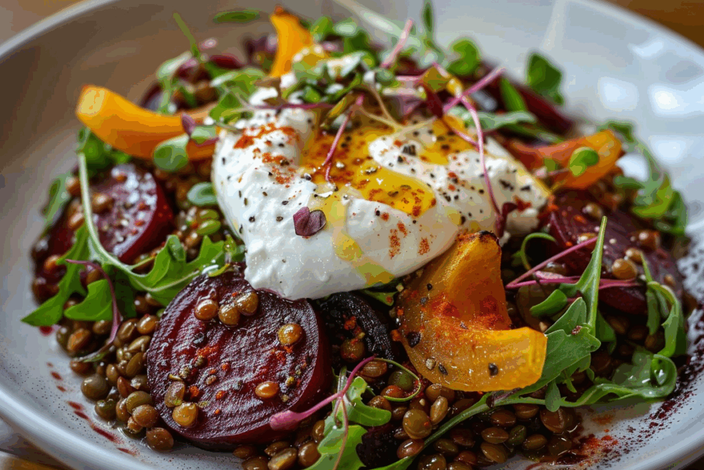Warm Lentil & Roasted Beet Salad with Burrata