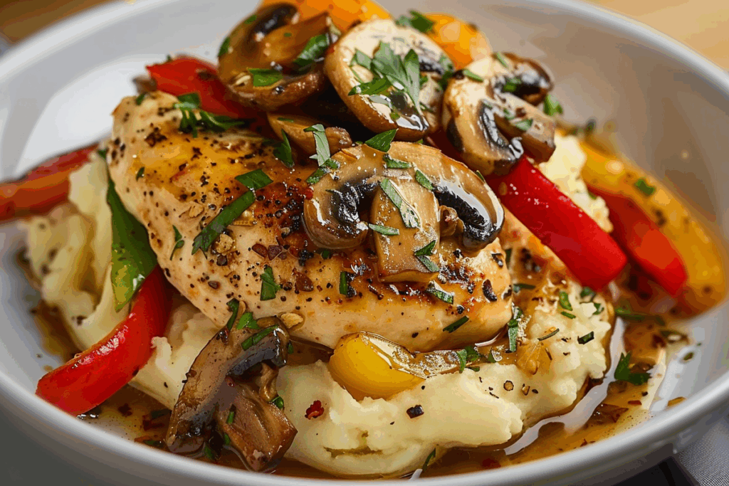 Loaded Garlic Herb Chicken with Peppers Mushrooms and Creamy Mash