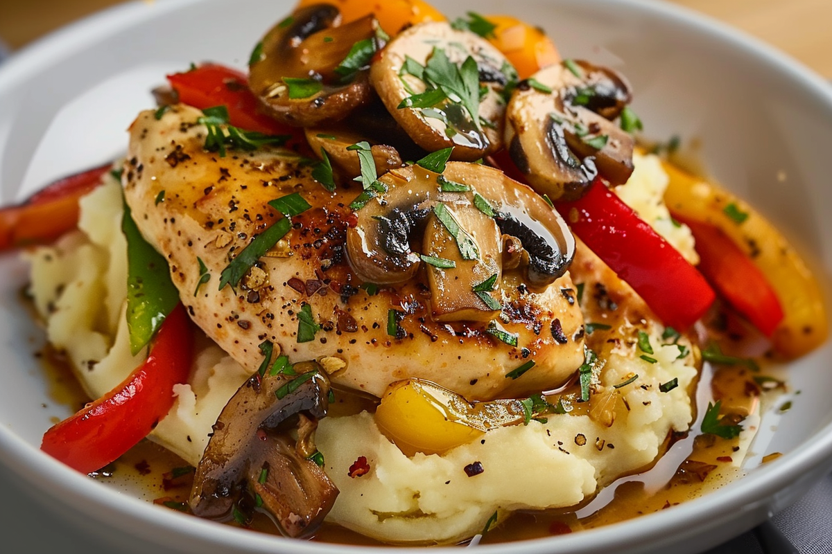 Loaded Garlic Herb Chicken with Peppers Mushrooms and Creamy Mash