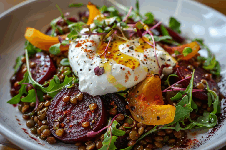 Warm Lentil & Roasted Beet Salad with Burrata